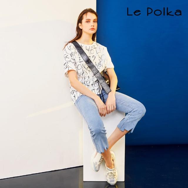 【Le Polka】褲口印花牛仔喇叭七分長褲-女(丹寧)