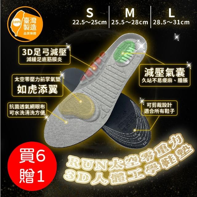 【RUN】買6雙送1雙 台灣製 MIT 太空零重力3D人體工學鞋墊(久站鞋墊 除臭鞋墊 足弓鞋墊 運動鞋墊 矯正鞋墊)