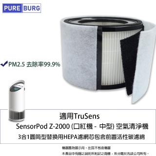 【PUREBURG】適用TruSens SensorPod Z2000口紅機中型UV空氣清淨機 3合1替換用HEPA濾網芯包含前置活性碳濾綿
