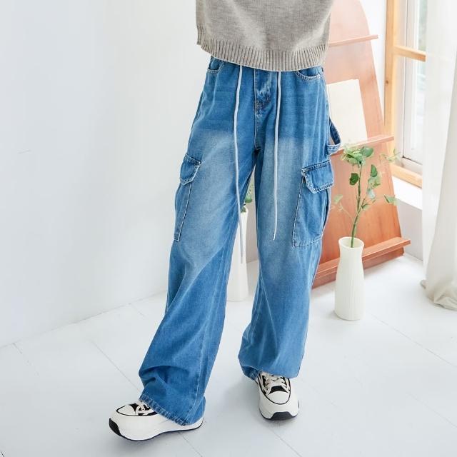 【TATA】做舊刷色高腰繫帶工裝牛仔長褲(M~XL)