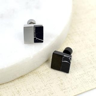 【men life】男生耳環 拚接大理石紋方型鎖珠鋼製耳針(耳環)