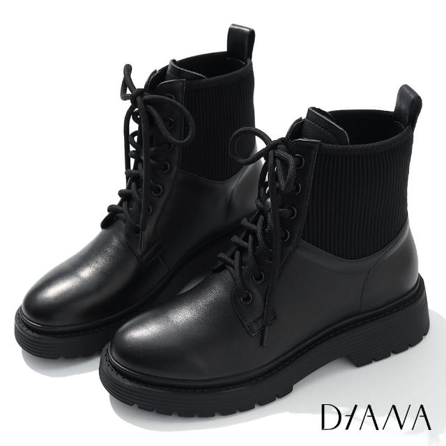 【DIANA】5 cm牛皮x彈性布雙材質拼接綁帶馬汀短靴(黑)