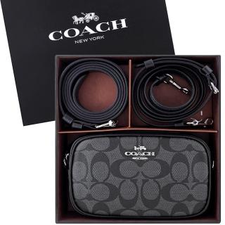 【COACH】大C PVC斜背/腰包/皮帶兩用包禮盒組-黑色(買就送璀璨水晶觸控筆)