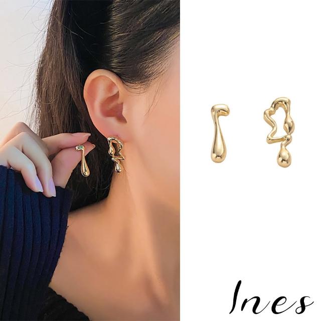 【INES】韓國設計S925銀針法式幾何液態金屬造型耳環(S925銀針耳環 法式耳環 金屬耳環)
