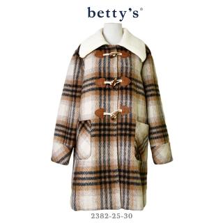 【betty’s 貝蒂思】針織領格紋牛角釦長版鋪棉大衣(共二色)