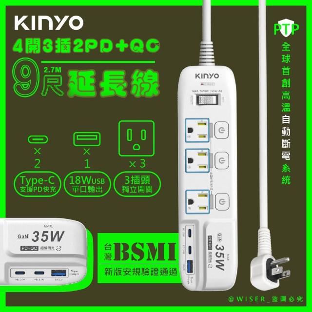 【KINYO】35W氮化鎵3U電源分接器4開3插9尺電源線2.7M延長線/GIPD-353439(智慧快充2PD+QC3.0)