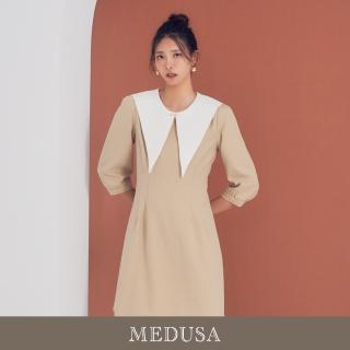 【MEDUSA 曼度莎】現貨-卡其大尖領素面洋裝（M-XL）｜短洋裝 長袖洋裝 冬新品(205-91606)