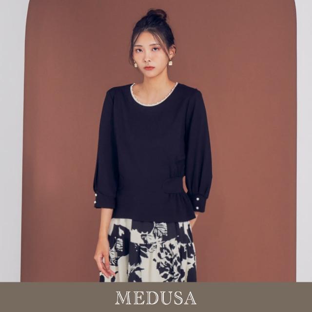 【MEDUSA 曼度莎】現貨-台灣製 珍珠邊黑色收腰上衣（M-XL）｜女上衣 女長袖上衣 冬新品(201-5180A)