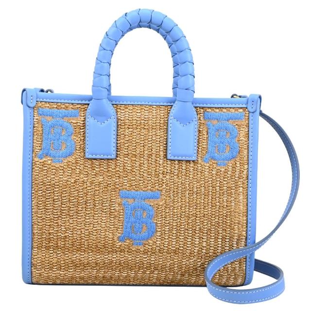 【BURBERRY 巴寶莉】品牌電繡TB字LOGO紙袋造型編織手提袋兩用包(藍邊)