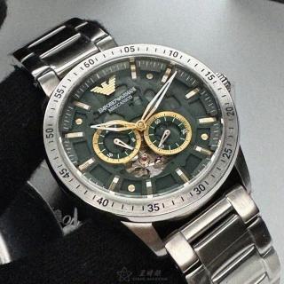 【EMPORIO ARMANI】ARMANI手錶型號AR00057(墨綠色機械鏤空錶面銀錶殼銀色精鋼錶帶款)