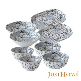 【Just Home】日本製滿版貓咪世界陶瓷碗盤餐具8件組(日本製 碗 盤)