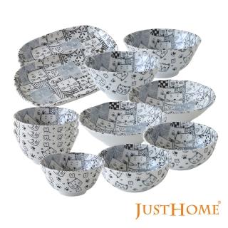 【Just Home】日本製滿版貓咪世界陶瓷碗盤餐具12件組(日本製 碗 盤)