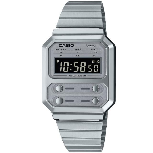 【CASIO 卡西歐】復古時光數位電子不鏽鋼腕錶/銀(A100WE-7B)