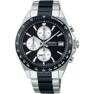 【SEIKO 精工】CS 高質感直條紋設計三眼計時腕錶 SK038 /黑X銀41mm(8T67-00Y0D/SBTR043J)
