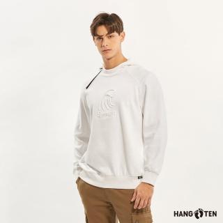 【Hang Ten】男裝-恆溫多功能-抗菌除臭刷毛保暖拉克蘭袖彈性連帽上衣(花紗米白)
