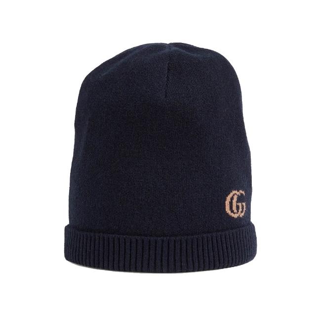 【GUCCI 古馳】676108 經典雙G LOGO緹花羅紋腕口羊毛帽(深藍色)
