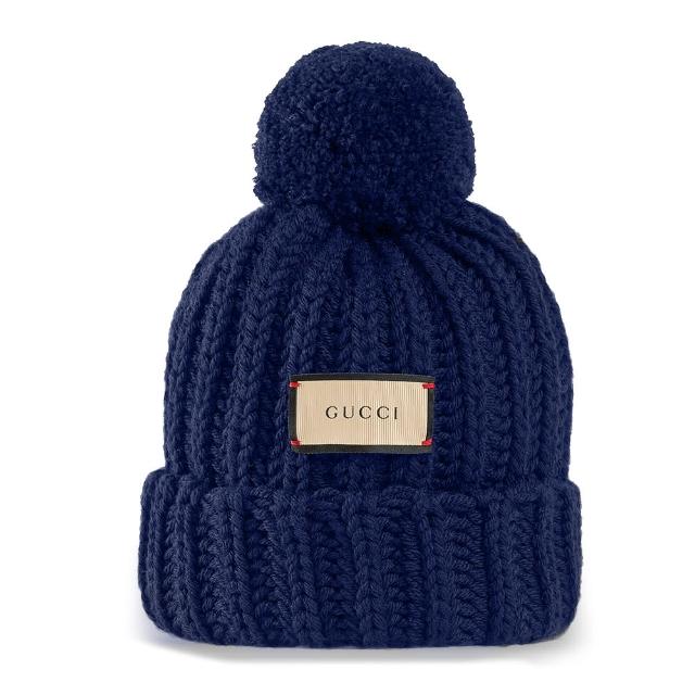 【GUCCI 古馳】652656 品牌標籤造型球針織羊毛帽(深藍色)