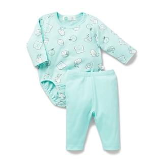 【Purebaby】Little Green & Co有機棉 嬰兒包屁衣套裝 粉綠(新生兒 連身衣 長褲)