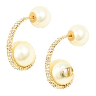 【Dior 迪奧】經典品牌雙珠水鑽弧形造型吊墜針式時尚耳環(金)