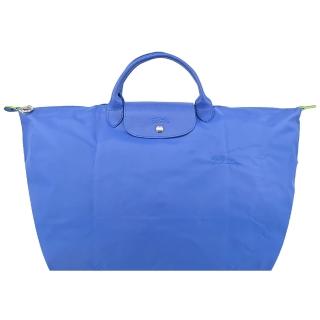 【LONGCHAMP】LE PLIAGE GREEN系列刺繡短把再生尼龍摺疊旅行袋(小/矢車菊藍)
