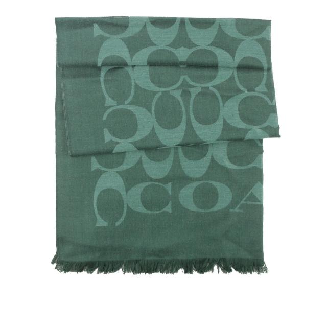 【COACH】滿版CC Logo 及素色羊毛混絲雙面可用圍巾(深松樹綠)