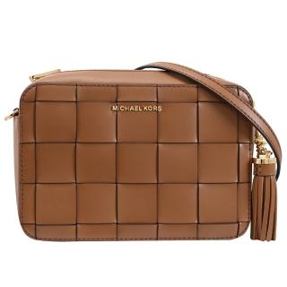 【Michael Kors】新版經典LOGO大編織格紋流蘇吊飾方包斜背包(咖)