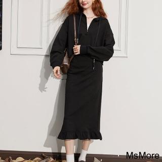 【MsMore】專櫃黑色休閒運動套裝小個子棉質短連帽印花外套+半身小荷葉魚尾長裙兩件式套裝#120335(黑)