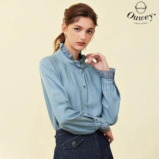 【OUWEY 歐薇】萊賽爾孔洞蕾絲造型排釦立領上衣(藍色；S-L；3223328101)