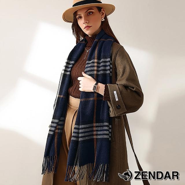 【ZENDAR】台灣總代理 頂級開絲米龍流蘇保暖披肩圍巾(深藍色)