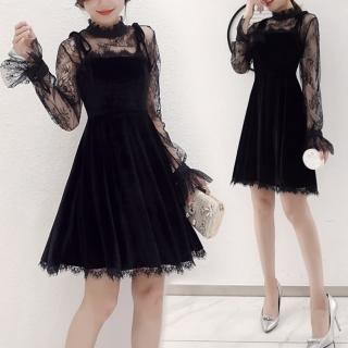 【REKO】現貨-玩美衣櫃優雅輕盈黑色蕾絲立領洋裝S-2XL