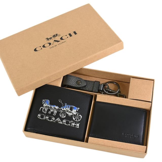 【COACH】男款 浮雕馬車真皮短夾/證件夾/鑰匙圈禮盒組-黑色