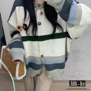 【JILLI-KO】慵懶風寬鬆毛衣女條紋撞色針織外套-F(杏)