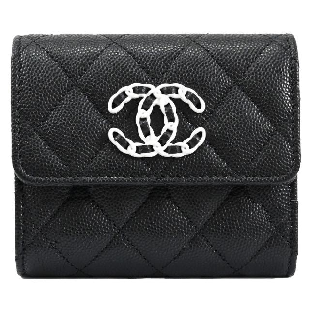 【CHANEL 香奈兒】限定款經典雙C LOGO菱格紋牛皮三折扣式零錢短夾(黑)