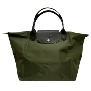 【LONGCHAMP】LE PLIAGE GREEN系列 短把折疊手提包-M號(森林綠色)