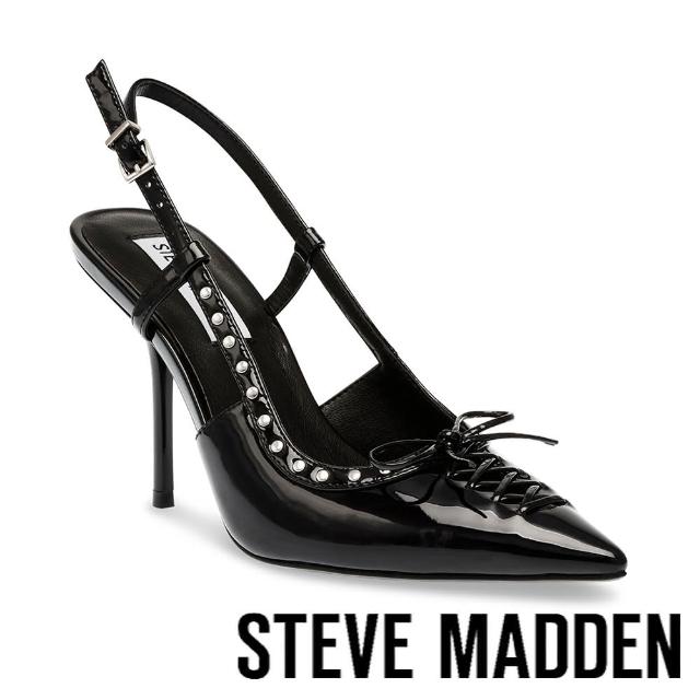 【STEVE MADDEN】REVERB 綁帶尖頭鉚釘細跟高跟鞋(鏡黑色)