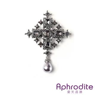 【Aphrodite 愛芙晶鑽】珍珠胸針 寶石胸針/華麗珍珠寶石巴洛克風格造型胸針(灰)