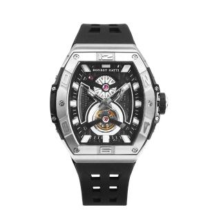 【BONEST GATTI】布加迪 銀色款 鏤空酒桶造型 氟橡膠錶帶 自動上鍊機械腕錶 45mm 情人節(BG5701-A2)