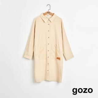 【gozo】MOMO獨家款★限量開賣 皮標條絨長版襯衫洋裝(兩色)
