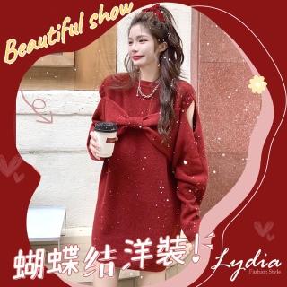 【Lydia】現貨 洋裝 連身洋裝 性感蝴蝶結露肩設計中長版針織洋裝(米黃色、紅色、黑色 Free)