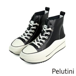 【Pelutini】高筒厚底增高伸縮免綁帶休閒鞋 黑色(335047W-BLWH)