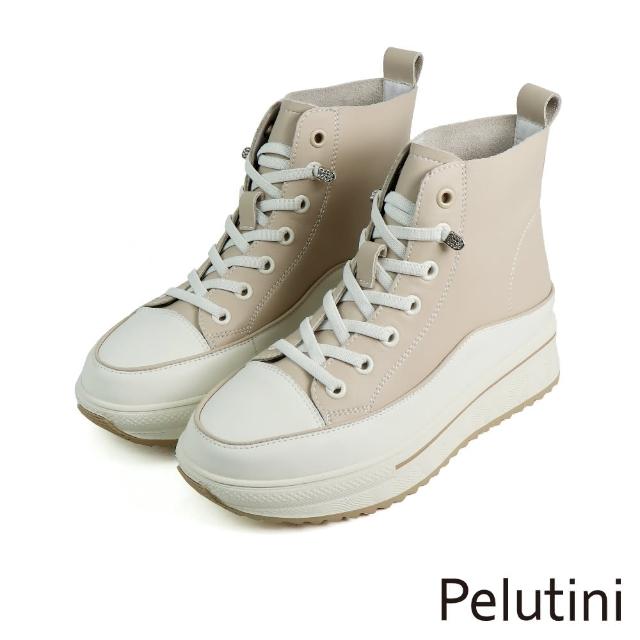 【Pelutini】高筒厚底增高伸縮免綁帶休閒鞋 米色(335047W-IV)