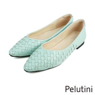 【Pelutini】尖頭菱格紋編織造型低跟鞋 湖水綠(8758W-LGR)