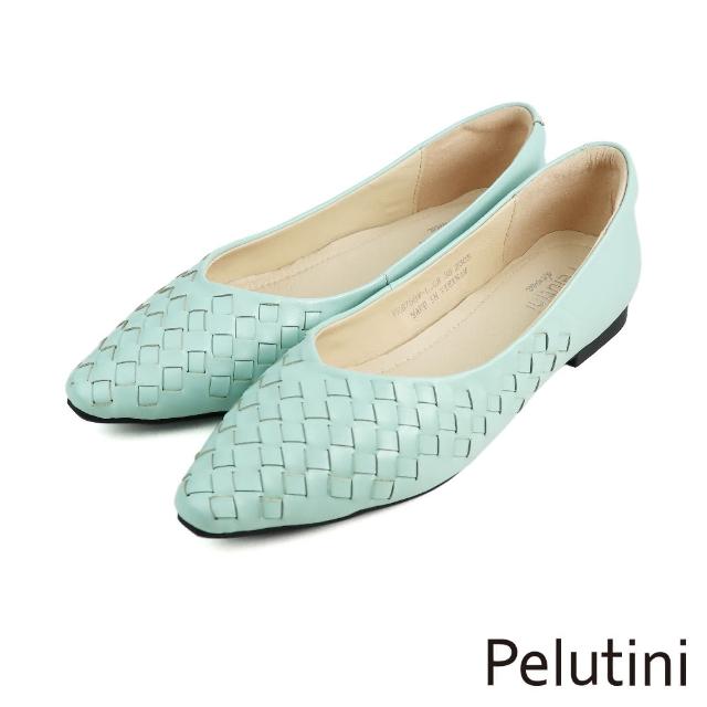 【Pelutini】尖頭菱格紋編織造型低跟鞋 湖水綠(8758W-LGR)