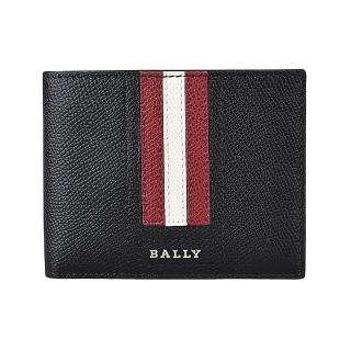 【BALLY】BALLY Tveye 銀字LOGO牛皮紅白條紋6卡對折短夾(黑x紅x白)