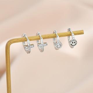 【Umi】一卡3對925純銀針微鑲鋯石十字架微笑可愛笑臉造型耳環(日韓時尚潮流耳飾耳針耳墜耳釘)