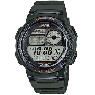 【CASIO 卡西歐】世界時間數位電子錶-墨綠(AE-1000W-3A)