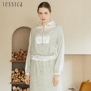 【JESSICA】休閒百搭拼接緞面拉鏈鬆緊腰上衣J35301（綠）
