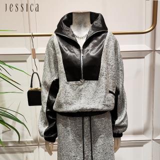 【JESSICA】休閒百搭拼接緞面拉鏈鬆緊腰上衣J35301（黑）