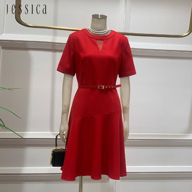 【JESSICA】氣質優雅收腰寬裙擺短袖洋裝235702（紅）