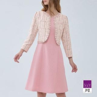 【ILEY 伊蕾】優雅細格抽鬚小香假兩件洋裝(淺粉色；M-XL；1234167013)